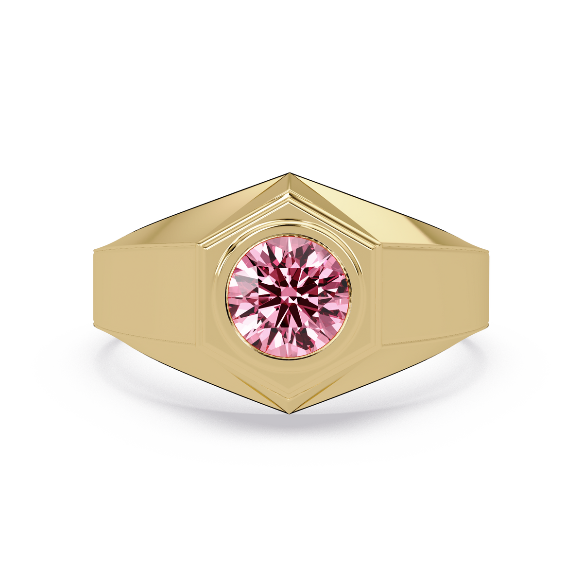 0.8 CTW Round Hexagonal Bezel Men’s Colorstone Ring with Tourmaline Pink in Yellow Gold – Lunéa Paris