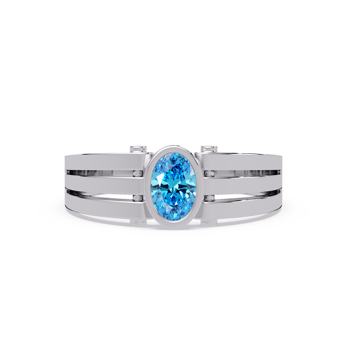 0.4 CTW Oval Triple-Rail Men’s Colorstone Ring with Aquamarine Blue in White Gold – Lunéa Paris
