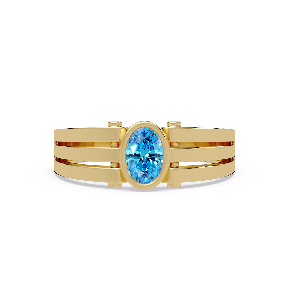 0.4 CTW Oval Triple-Rail Men’s Colorstone Ring with Aquamarine Blue in Yellow Gold – Lunéa Paris