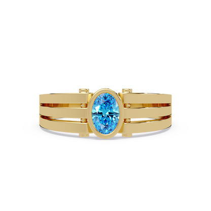 0.4 CTW Oval Triple-Rail Men’s Colorstone Ring with Aquamarine Blue in Yellow Gold – Lunéa Paris