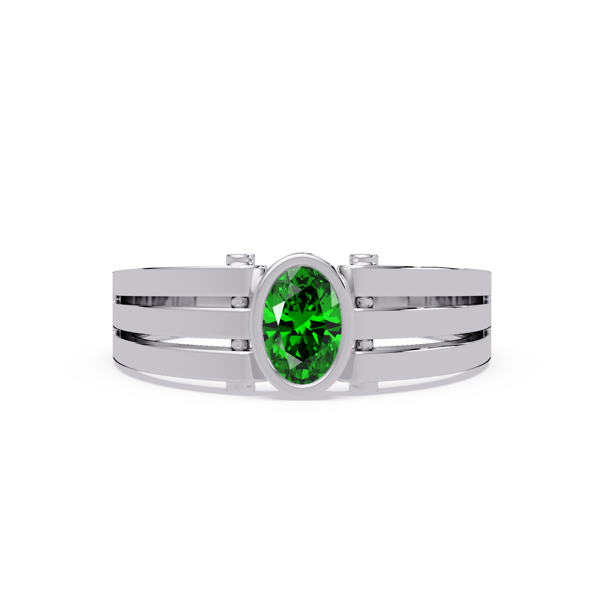 0.4 CTW Oval Triple-Rail Men’s Colorstone Ring with Emerald Green in White Gold – Lunéa Paris