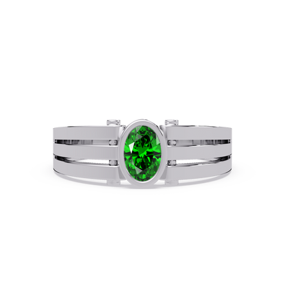 0.4 CTW Oval Triple-Rail Men’s Colorstone Ring with Emerald Green in White Gold – Lunéa Paris
