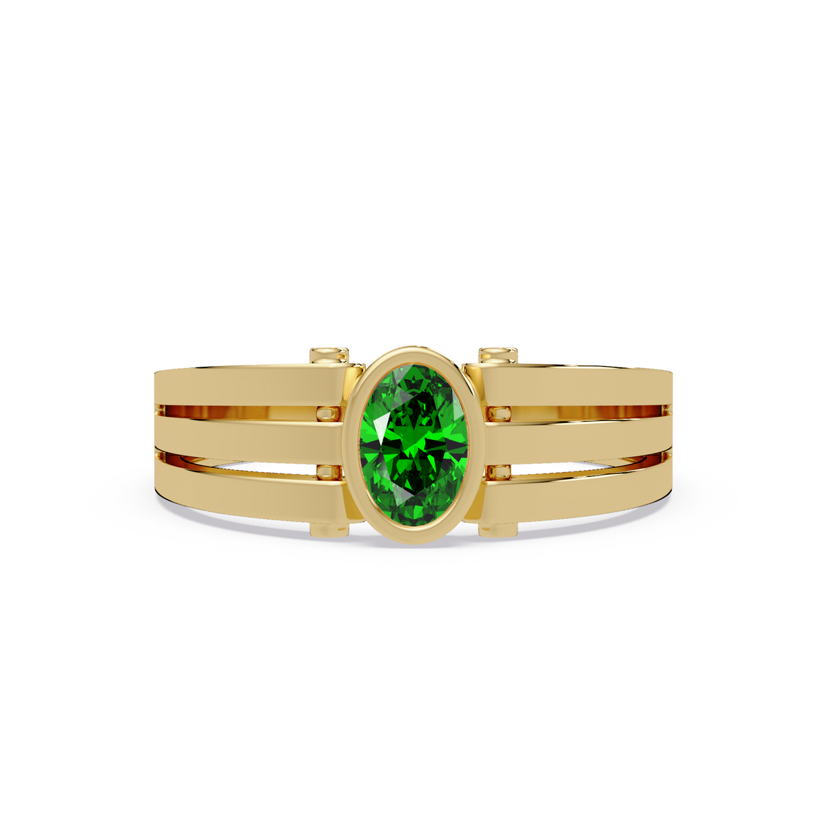 0.4 CTW Oval Triple-Rail Men’s Colorstone Ring with Emerald Green in Yellow Gold – Lunéa Paris