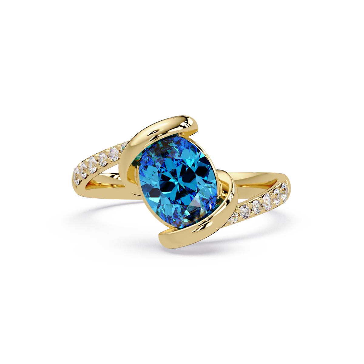 1.5 CTW Oval Sculptural Bypass Pavé Colorstone Ring AB 14K Yellow Gold