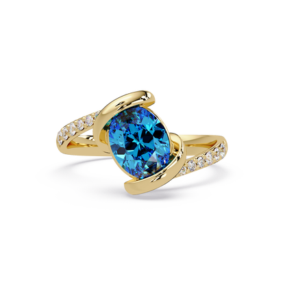 1.5 CTW Oval Sculptural Bypass Pavé Colorstone Ring AB 14K Yellow Gold