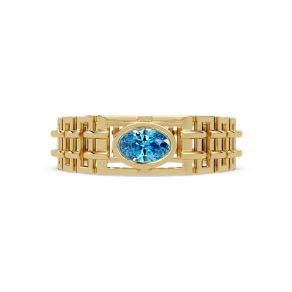 0.4 CTW Oval Woven Geometric Men's Colorstone Ring with Aquamarine Blue in Yellow Gold – Lunéa Paris