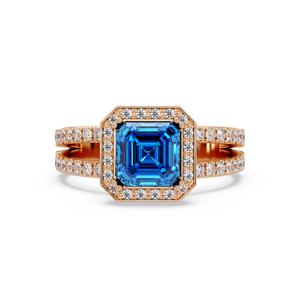 2.5 CTW Emerald-Cut Double-Halo Pavé Colorstone Ring AB Rose Gold