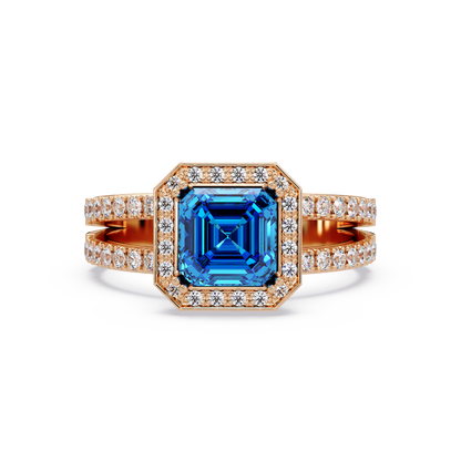 2.5 CTW Emerald-Cut Double-Halo Pavé Colorstone Ring AB Rose Gold