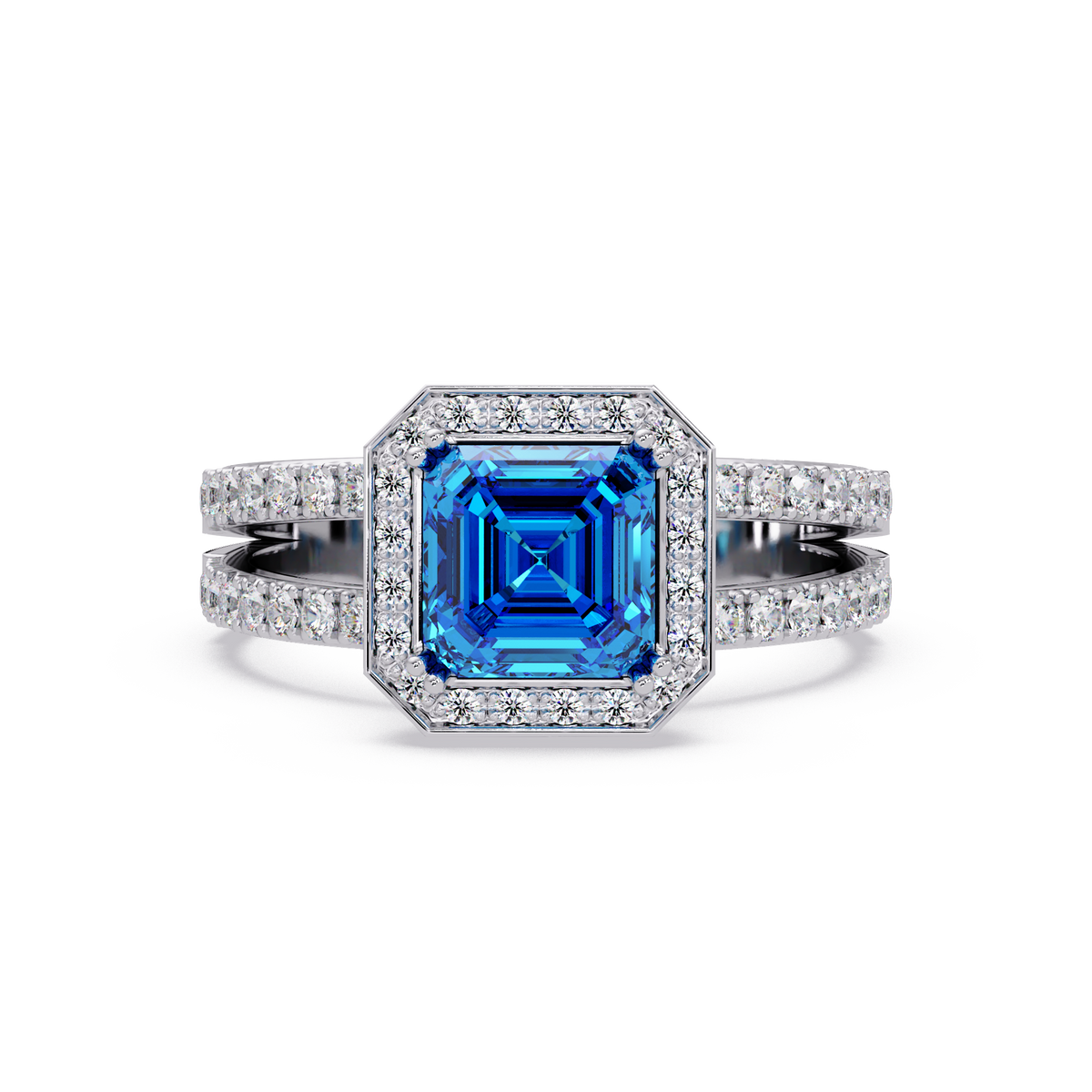 2.5 CTW Emerald-Cut Double-Halo Pavé Colorstone Ring AB White Gold
