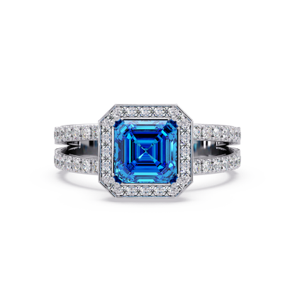 2.5 CTW Emerald-Cut Double-Halo Pavé Colorstone Ring AB White Gold