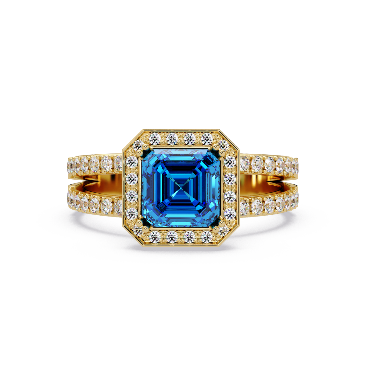 2.5 CTW Emerald-Cut Double-Halo Pavé Colorstone Ring AB Yellow Gold