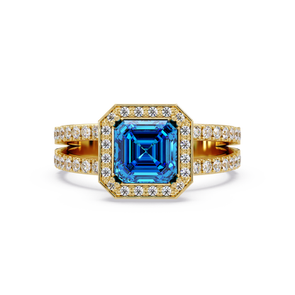 2.5 CTW Emerald-Cut Double-Halo Pavé Colorstone Ring AB Yellow Gold