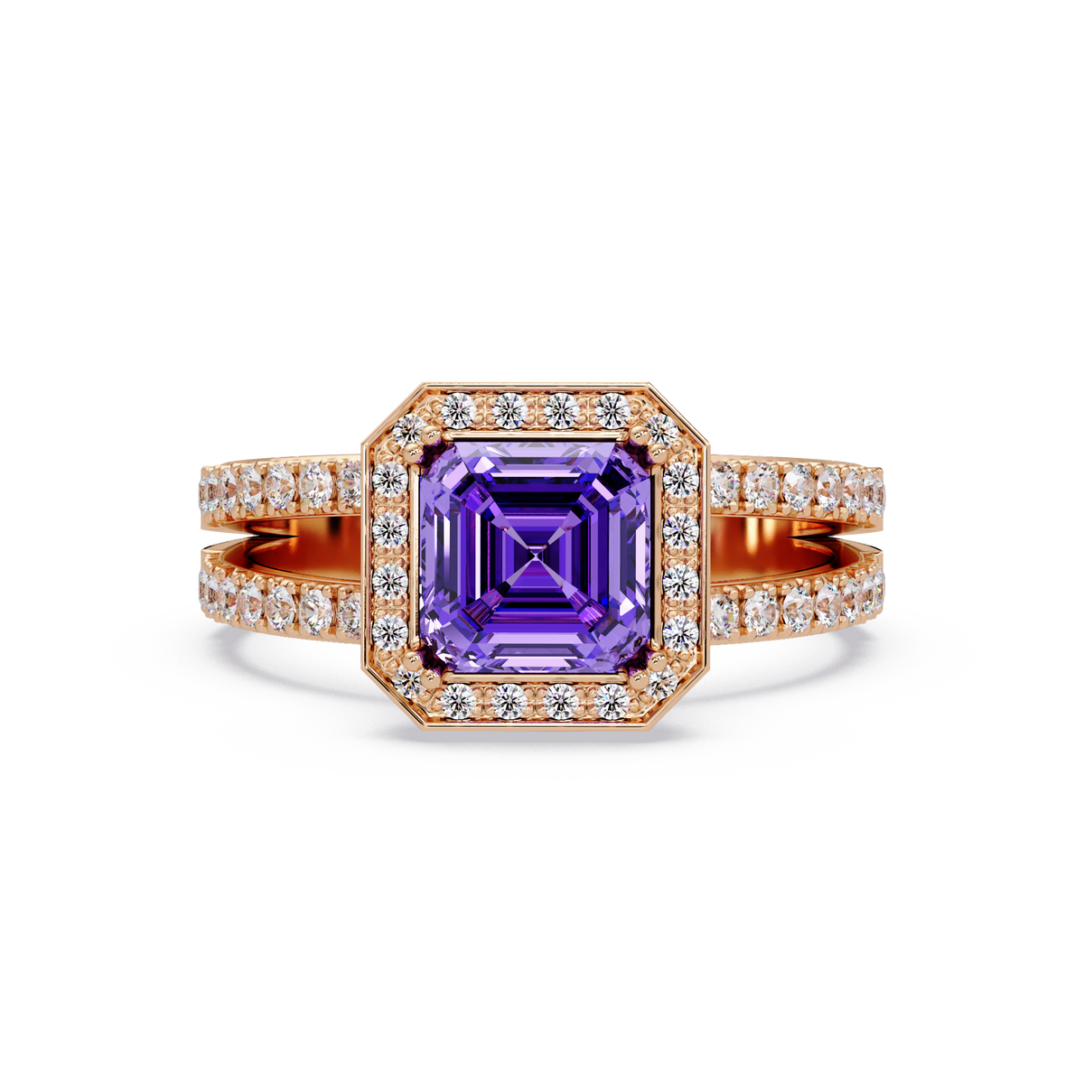 2.5 CTW Emerald-Cut Double-Halo Pavé Colorstone Ring AP Rose Gold
