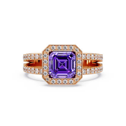 2.5 CTW Emerald-Cut Double-Halo Pavé Colorstone Ring AP Rose Gold