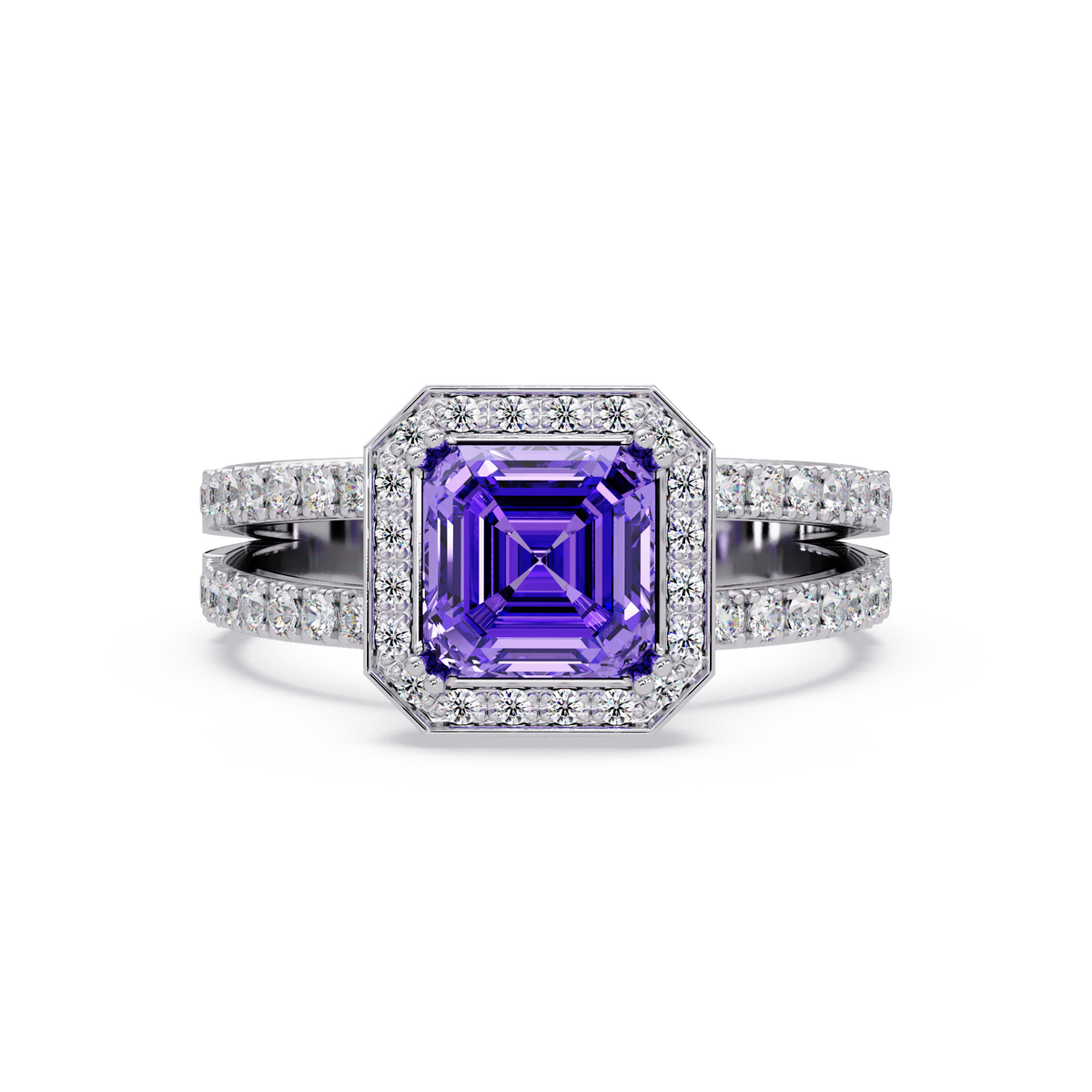 2.5 CTW Emerald-Cut Double-Halo Pavé Colorstone Ring AP White Gold