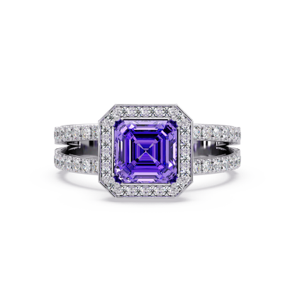 2.5 CTW Emerald-Cut Double-Halo Pavé Colorstone Ring AP White Gold
