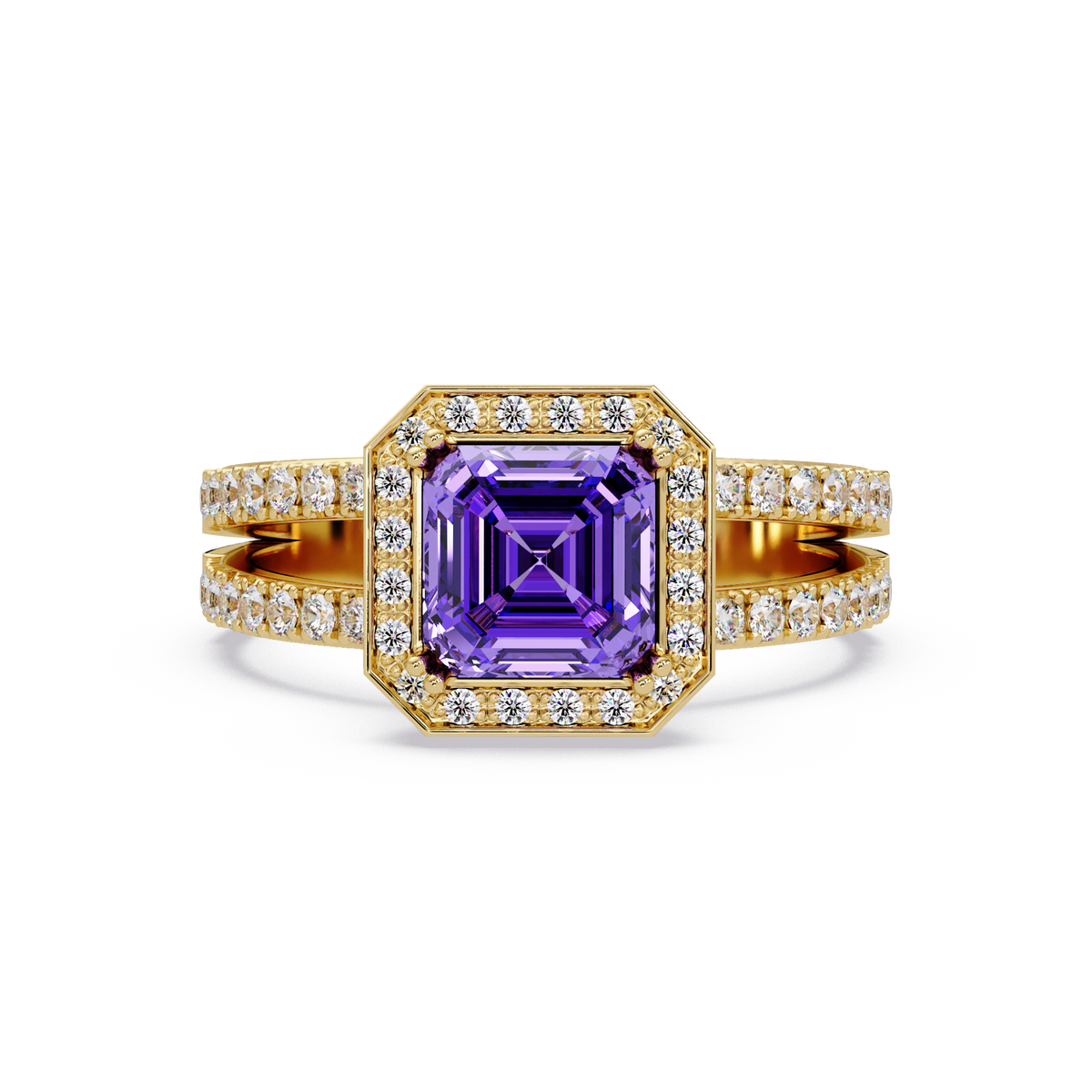 2.5 CTW Emerald-Cut Double-Halo Pavé Colorstone Ring AP Yellow Gold