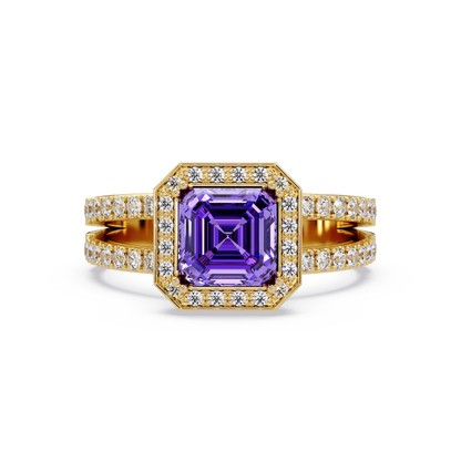 2.5 CTW Emerald-Cut Double-Halo Pavé Colorstone Ring AP Yellow Gold
