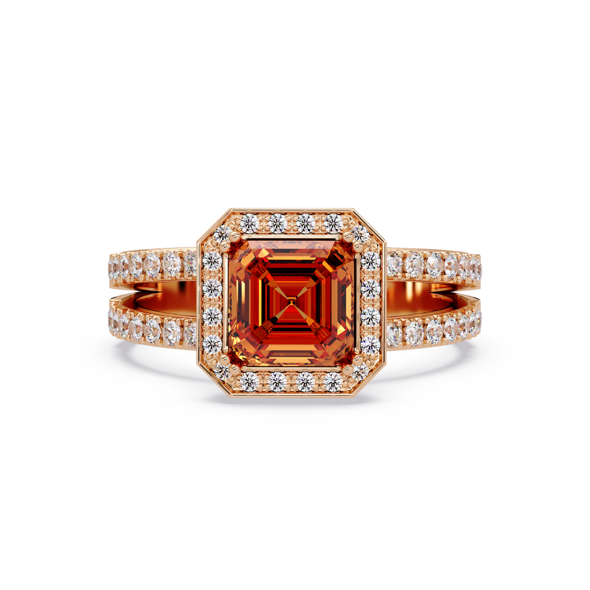 2.5 CTW Emerald-Cut Double-Halo Pavé Colorstone Ring CT Rose Gold