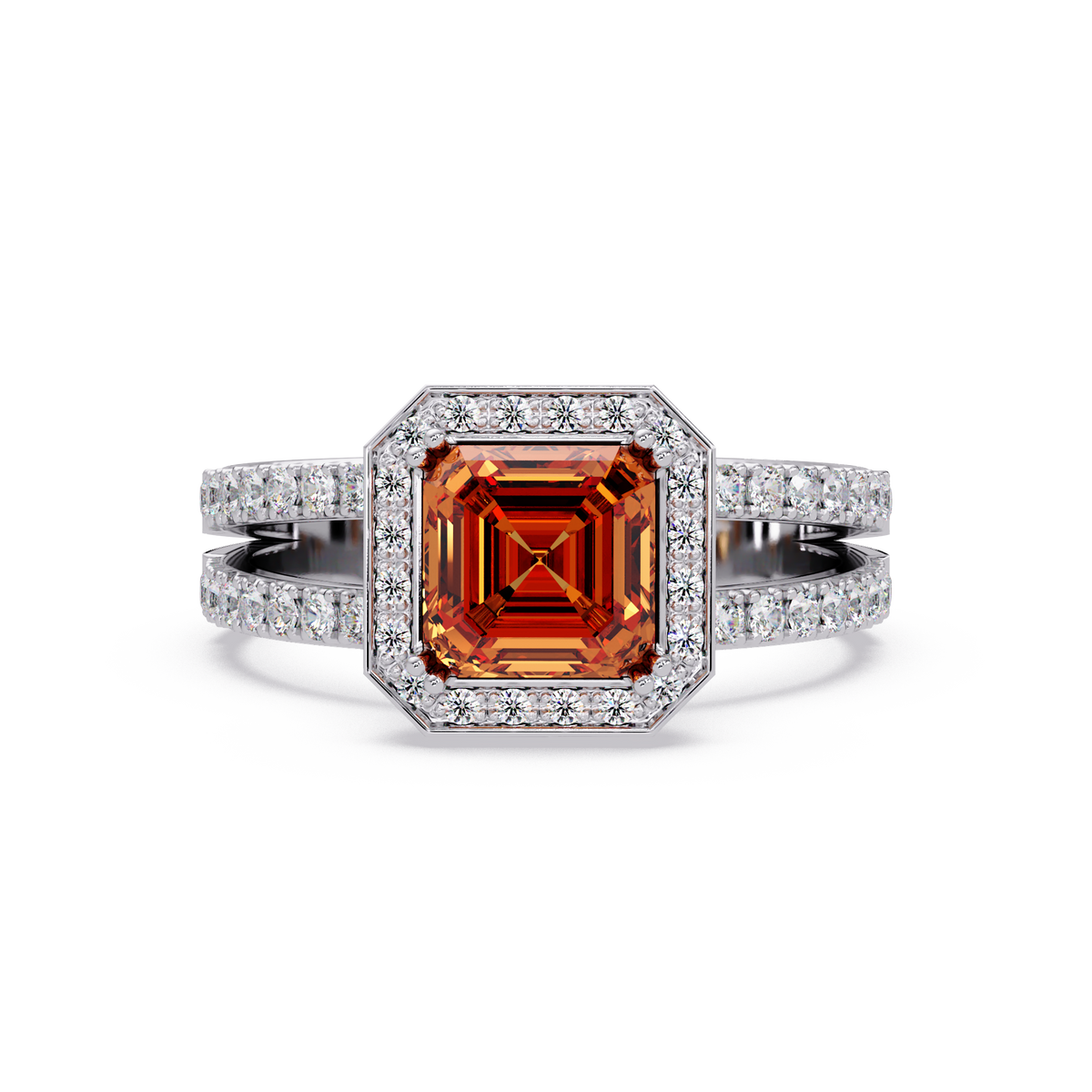 2.5 CTW Emerald-Cut Double-Halo Pavé Colorstone Ring CT White Gold