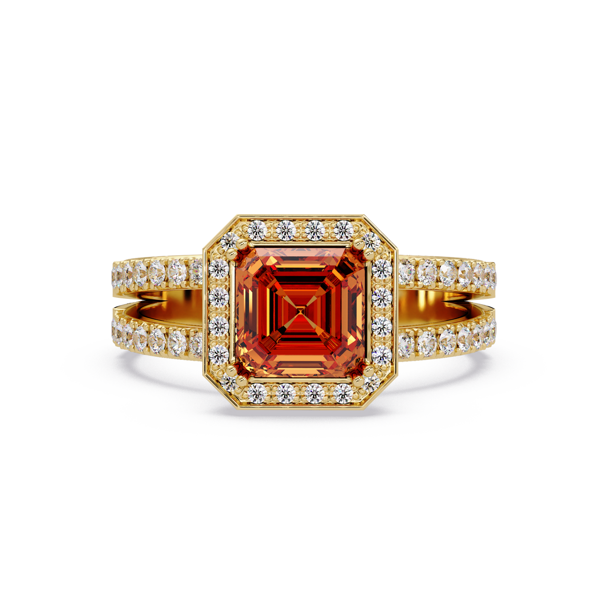 2.5 CTW Emerald-Cut Double-Halo Pavé Colorstone Ring CT Yellow Gold