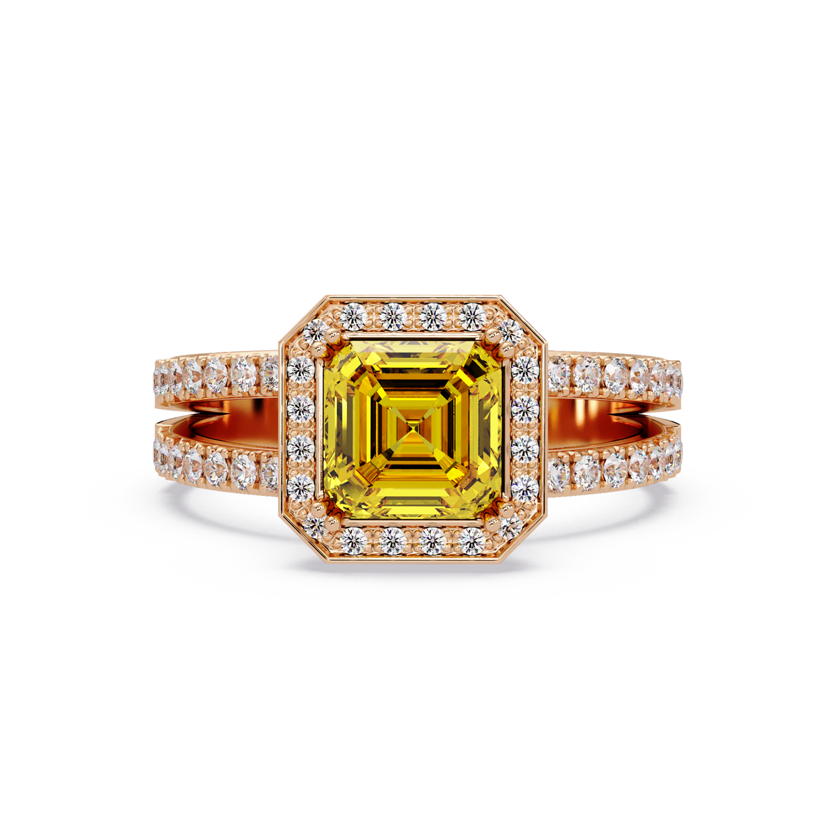 2.5 CTW Emerald-Cut Double-Halo Pavé Colorstone Ring CY Rose Gold