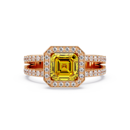 2.5 CTW Emerald-Cut Double-Halo Pavé Colorstone Ring CY Rose Gold
