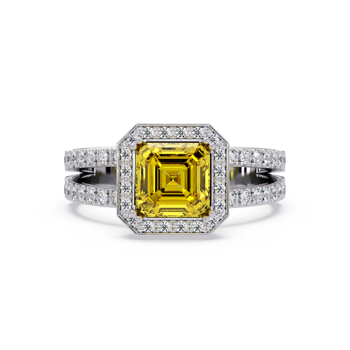 2.5 CTW Emerald-Cut Double-Halo Pavé Colorstone Ring CY White Gold
