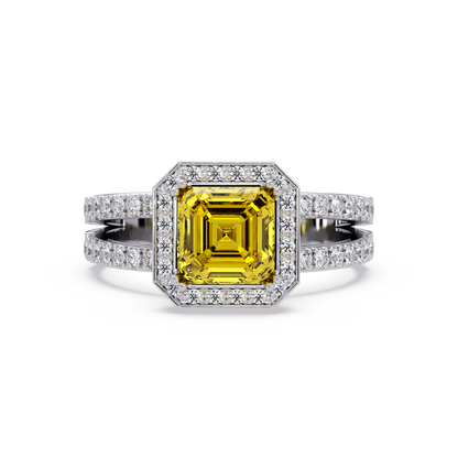 2.5 CTW Emerald-Cut Double-Halo Pavé Colorstone Ring CY White Gold
