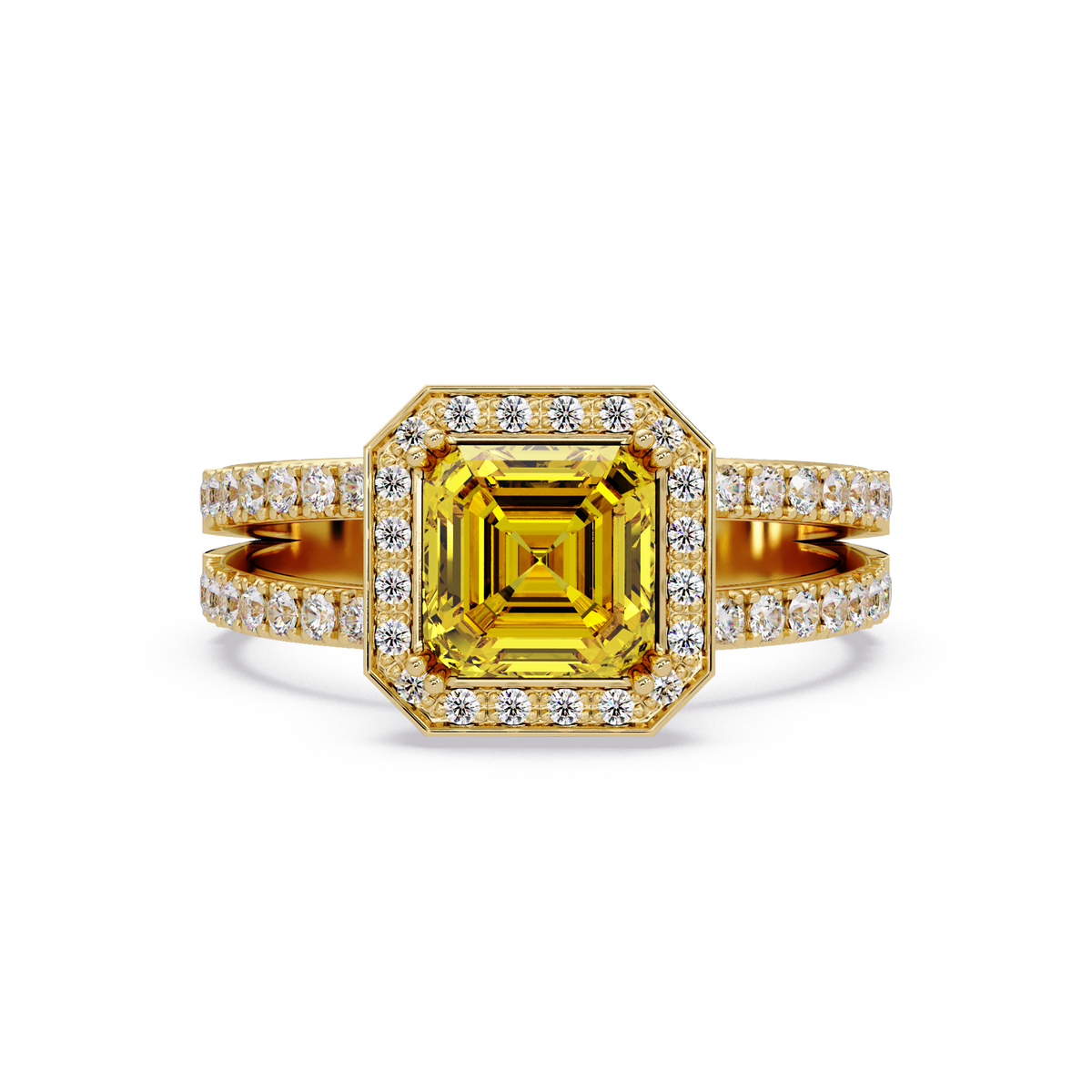 2.5 CTW Emerald-Cut Double-Halo Pavé Colorstone Ring CY Yellow Gold