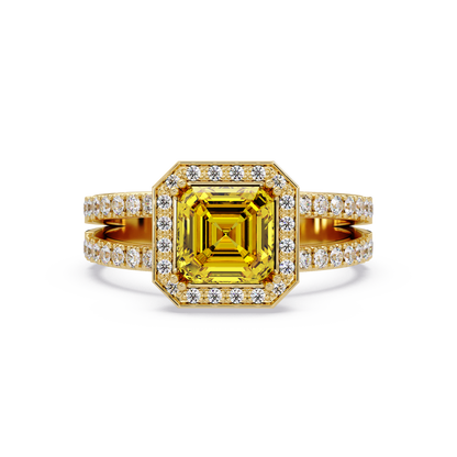 2.5 CTW Emerald-Cut Double-Halo Pavé Colorstone Ring CY Yellow Gold