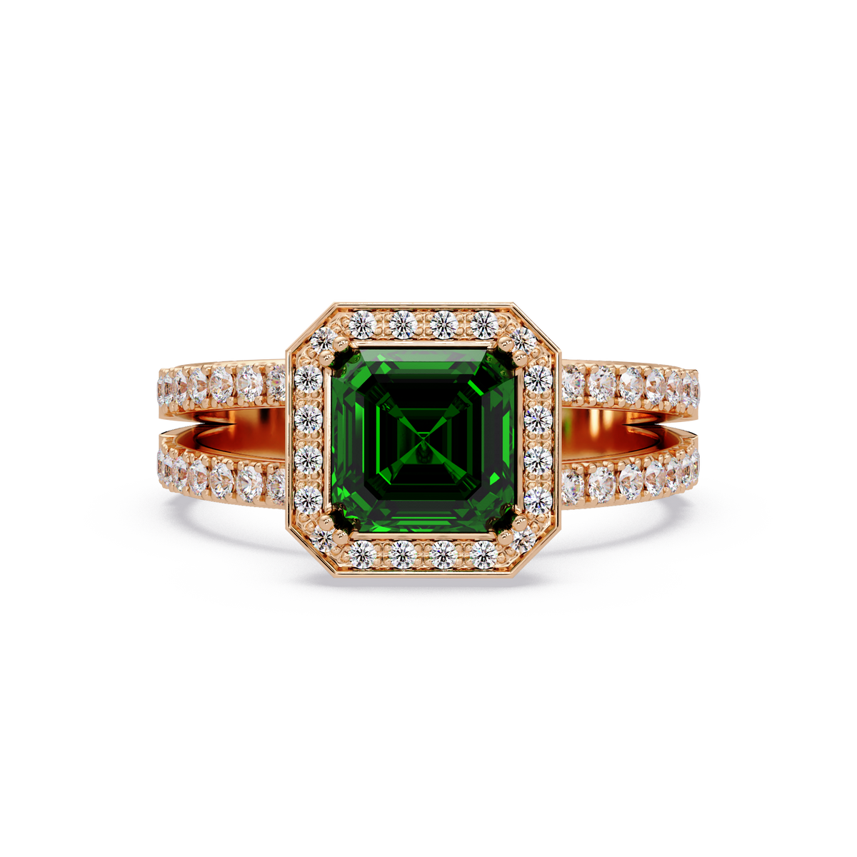 2.5 CTW Emerald-Cut Double-Halo Pavé Colorstone Ring EG Rose Gold