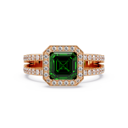 2.5 CTW Emerald-Cut Double-Halo Pavé Colorstone Ring EG Rose Gold