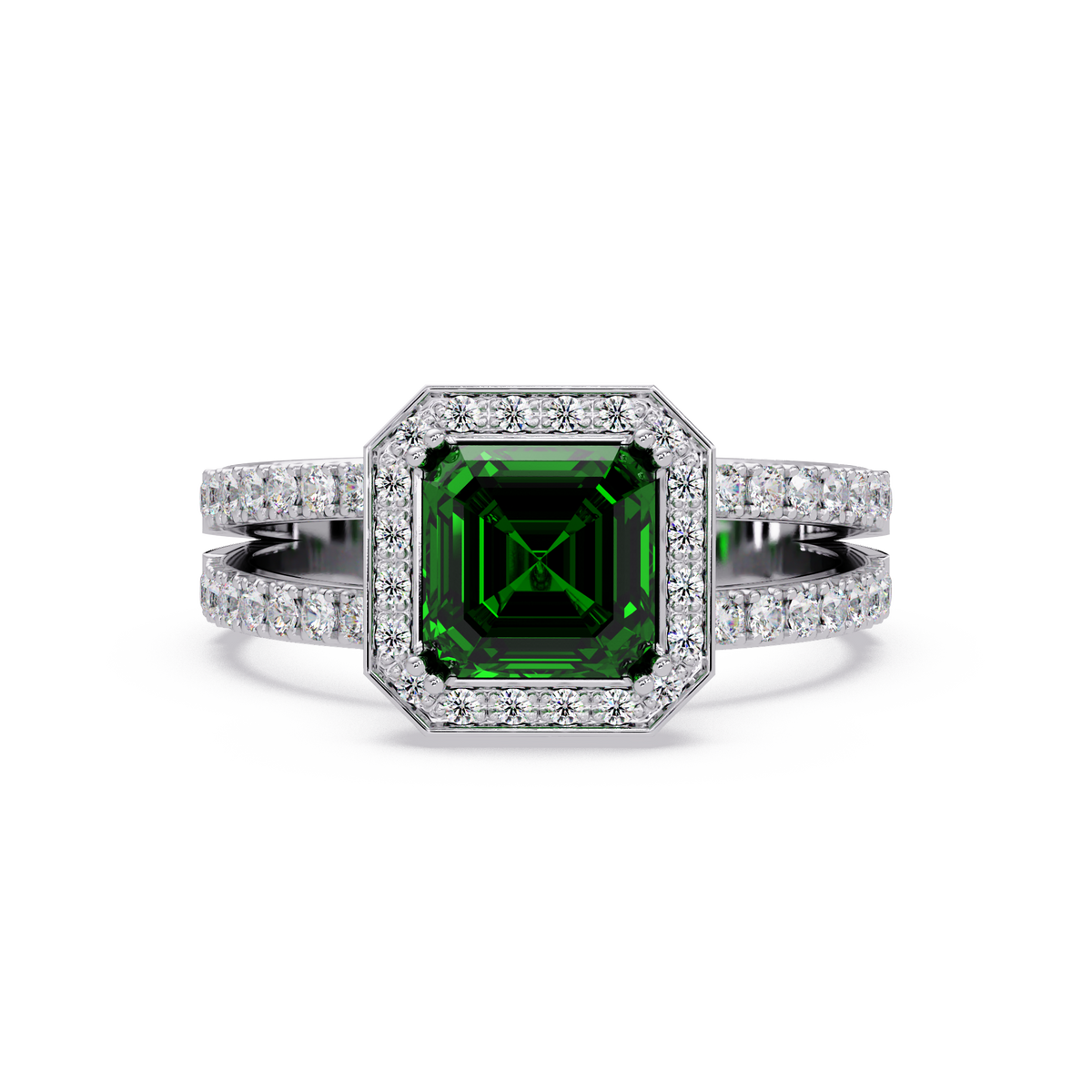 2.5 CTW Emerald-Cut Double-Halo Pavé Colorstone Ring EG White Gold