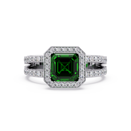 2.5 CTW Emerald-Cut Double-Halo Pavé Colorstone Ring EG White Gold