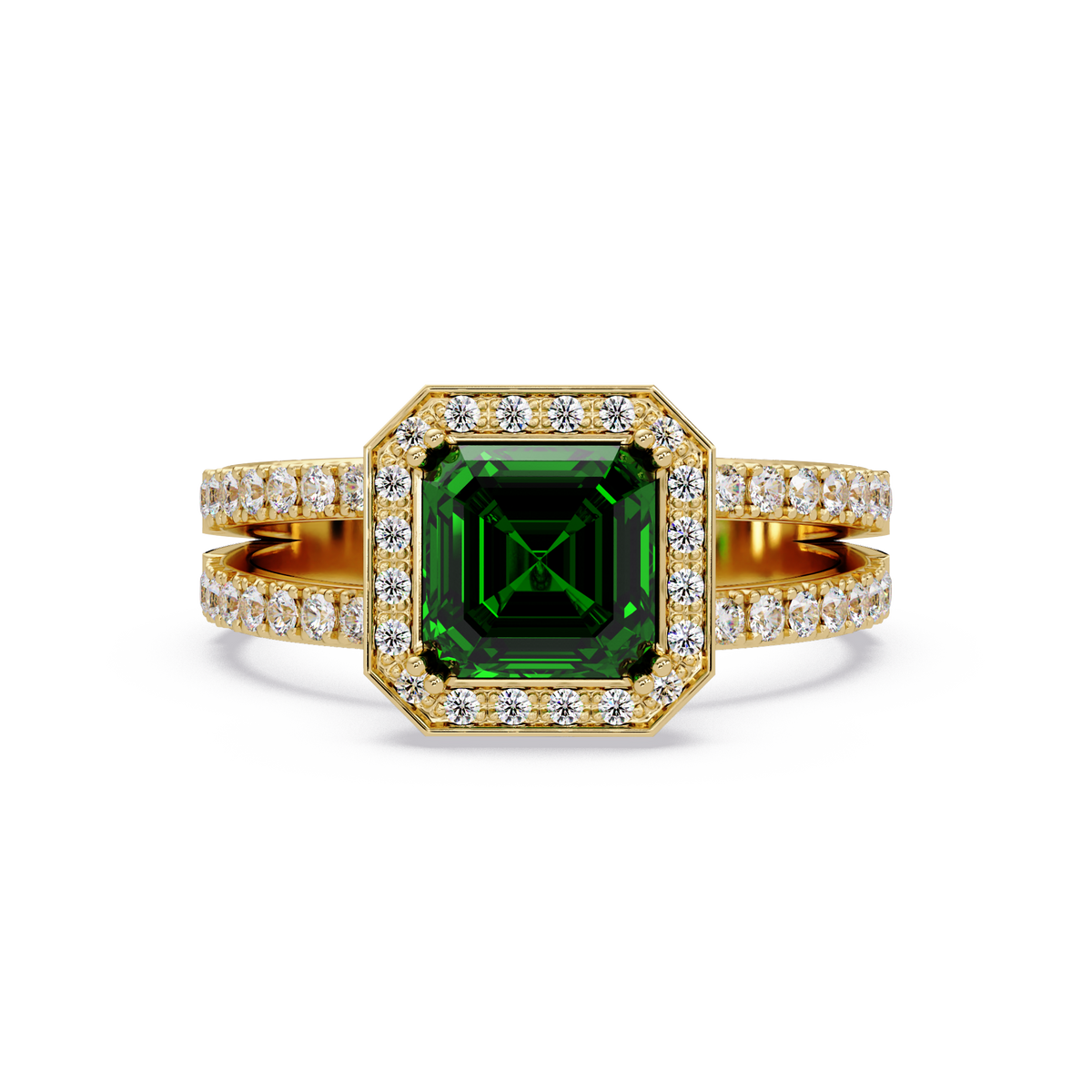 2.5 CTW Emerald-Cut Double-Halo Pavé Colorstone Ring EG Yellow Gold