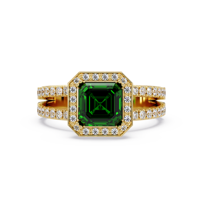 2.5 CTW Emerald-Cut Double-Halo Pavé Colorstone Ring EG Yellow Gold