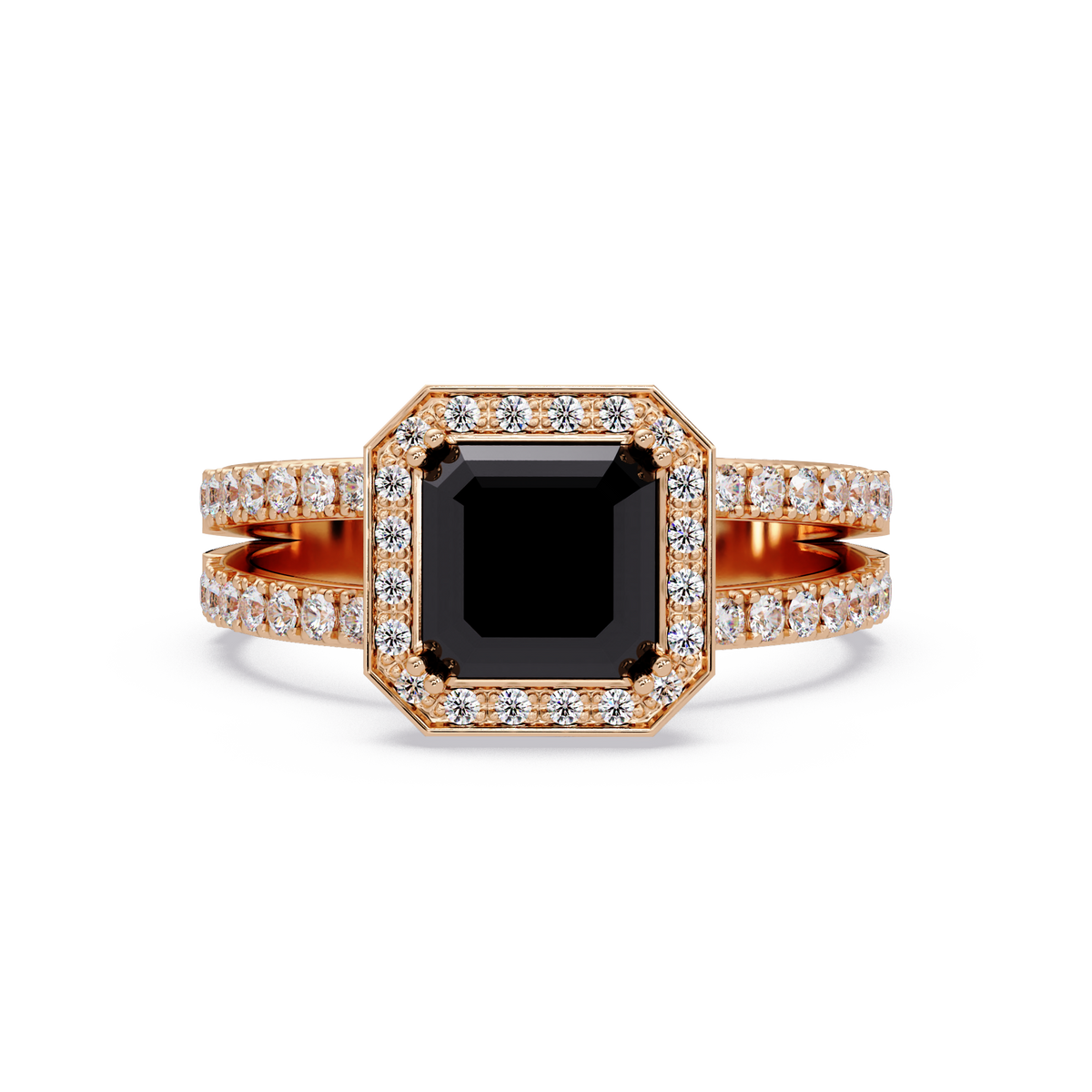 2.5 CTW Emerald-Cut Double-Halo Pavé Colorstone Ring ON Rose Gold