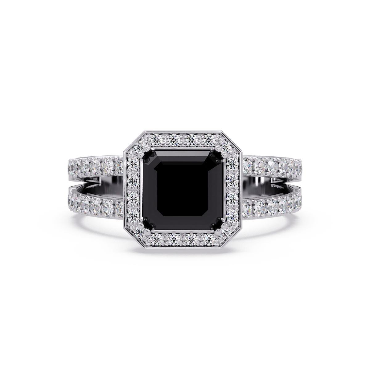 2.5 CTW Emerald-Cut Double-Halo Pavé Colorstone Ring ON White Gold