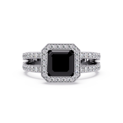 2.5 CTW Emerald-Cut Double-Halo Pavé Colorstone Ring ON White Gold