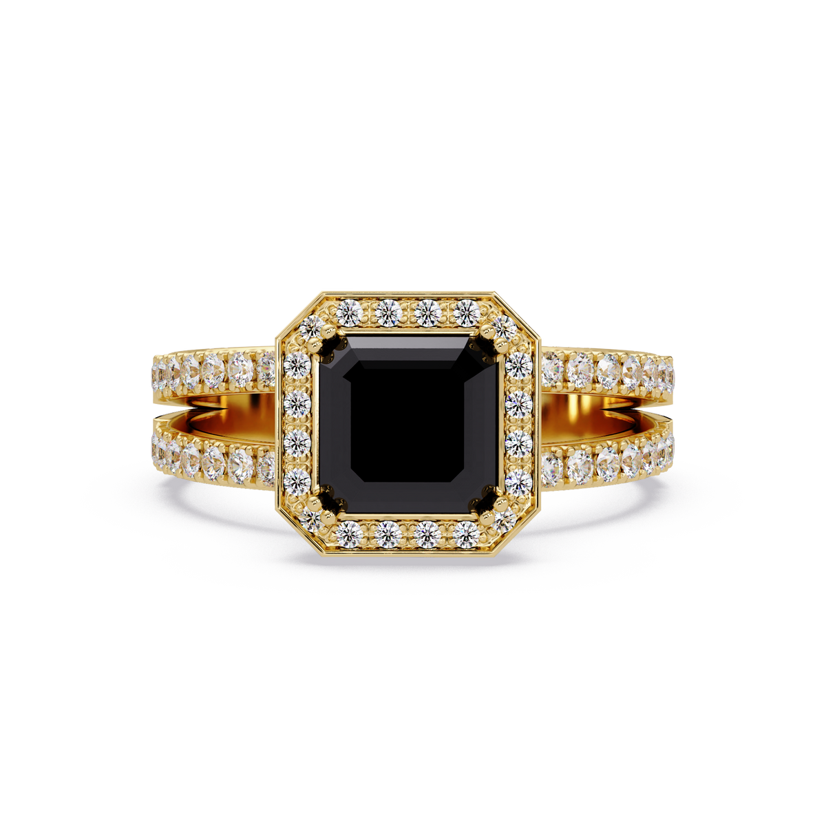 2.5 CTW Emerald-Cut Double-Halo Pavé Colorstone Ring ON Yellow Gold