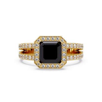 2.5 CTW Emerald-Cut Double-Halo Pavé Colorstone Ring ON Yellow Gold