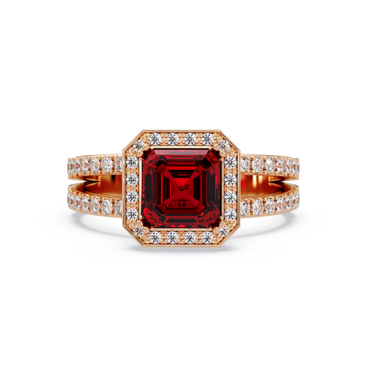 2.5 CTW Emerald-Cut Double-Halo Pavé Colorstone Ring RR Rose Gold