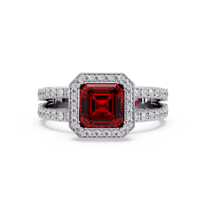 2.5 CTW Emerald-Cut Double-Halo Pavé Colorstone Ring RR White Gold