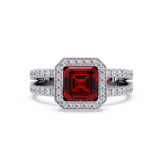 2.5 CTW Emerald-Cut Double-Halo Pavé Colorstone Ring RR White Gold
