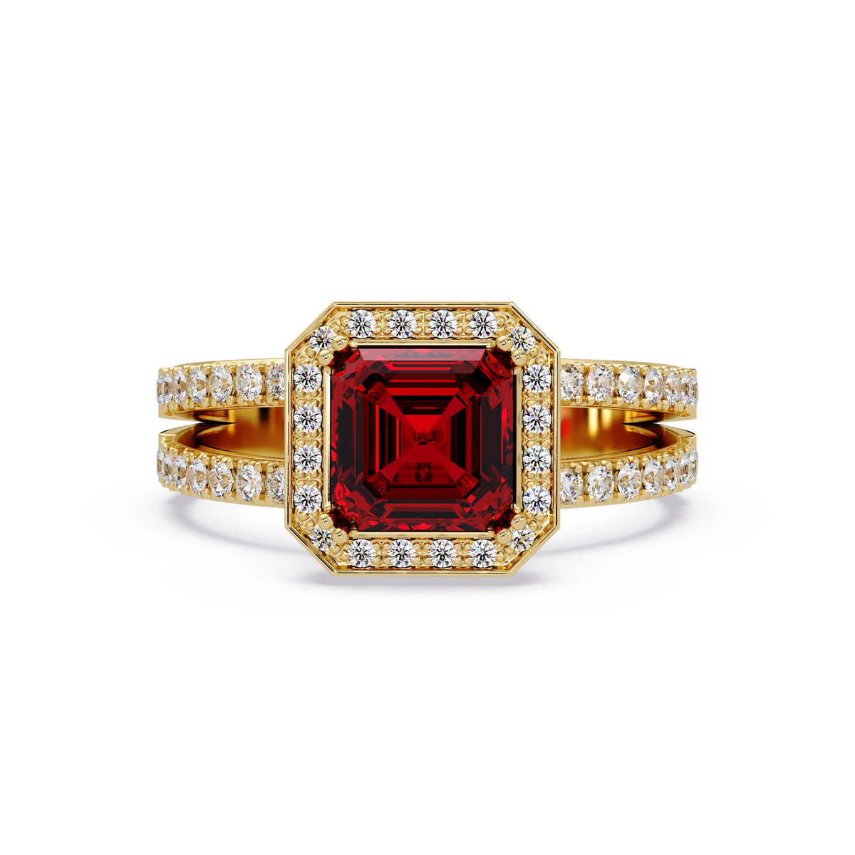 2.5 CTW Emerald-Cut Double-Halo Pavé Colorstone Ring RR Yellow Gold