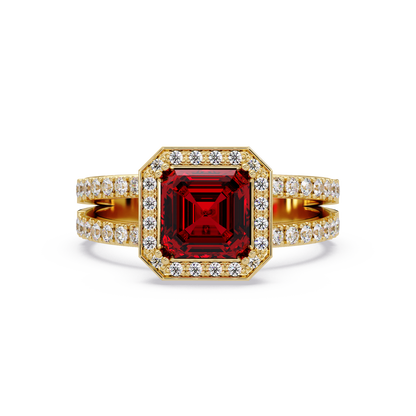 2.5 CTW Emerald-Cut Double-Halo Pavé Colorstone Ring RR Yellow Gold