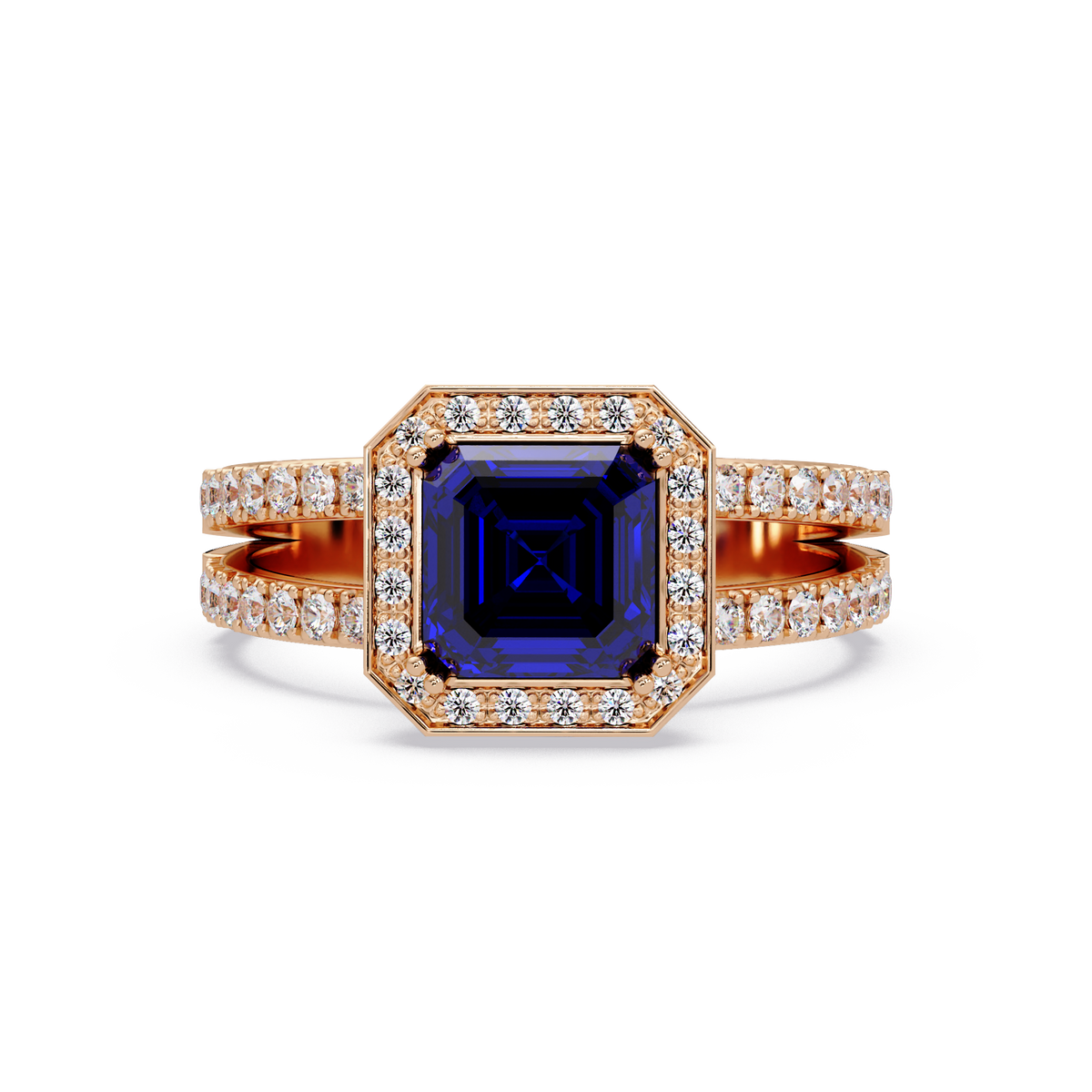 2.5 CTW Emerald-Cut Double-Halo Pavé Colorstone Ring SB Rose Gold