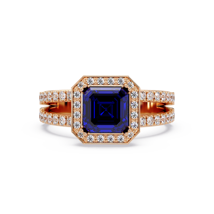 2.5 CTW Emerald-Cut Double-Halo Pavé Colorstone Ring SB Rose Gold
