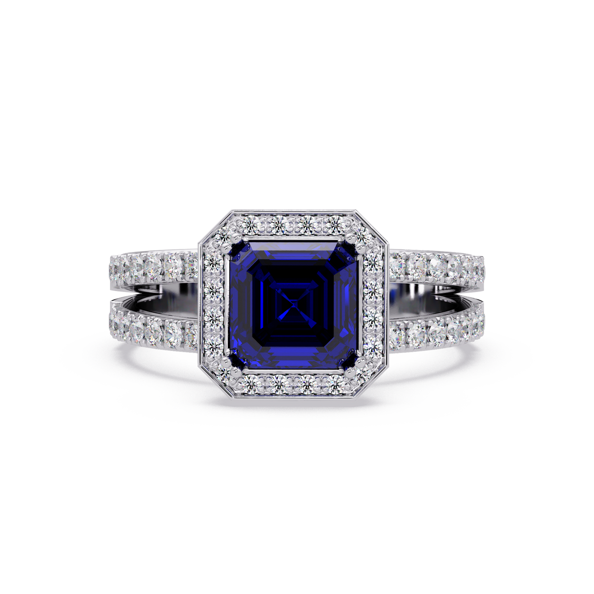 2.5 CTW Emerald-Cut Double-Halo Pavé Colorstone Ring SB White Gold